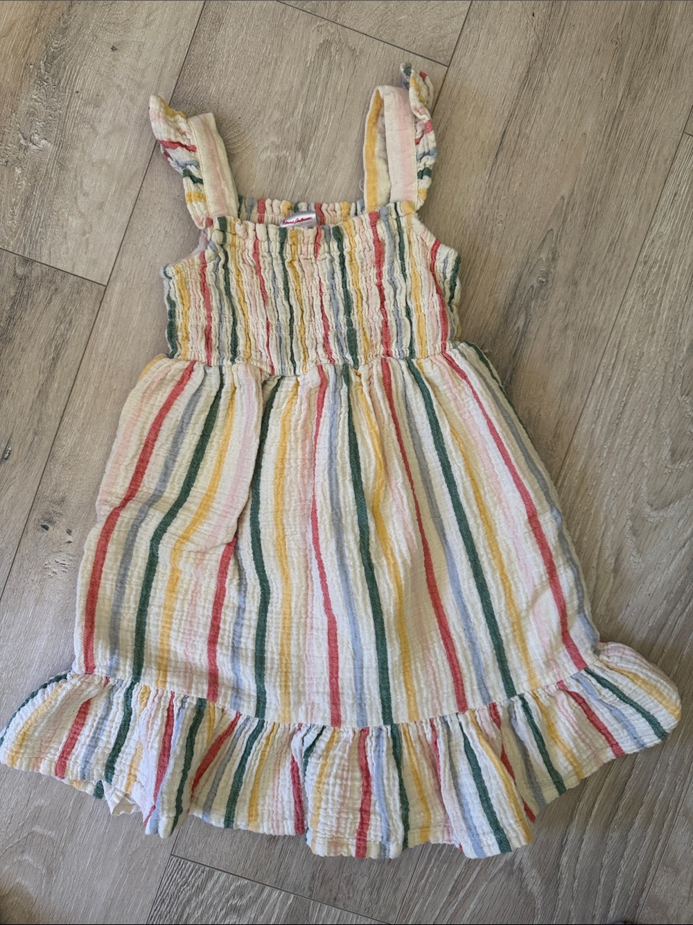 Hanna Andersson Cream Dress with Yellow, Green, Pink and Red Stripes